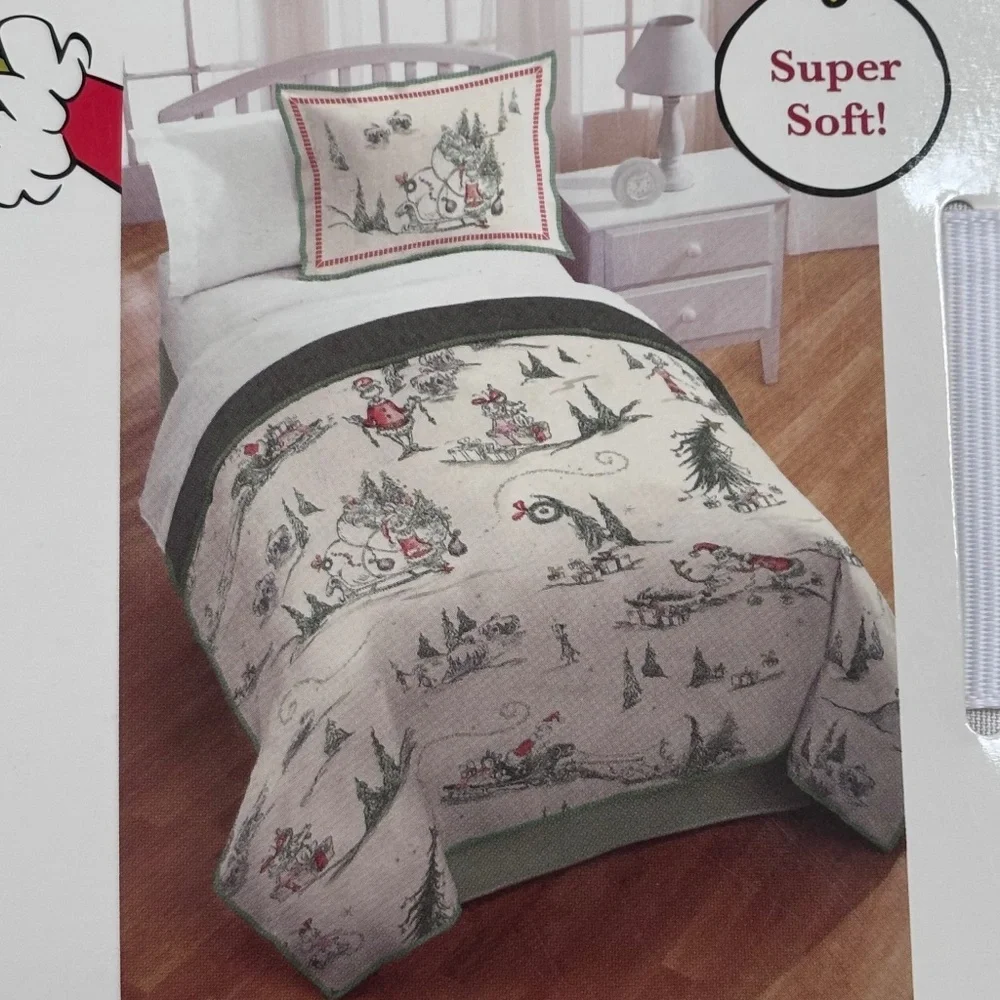 Dr. Seuss The Grinch Kids Twin Bed Quilt & Sham Set Christmas Holiday NWT